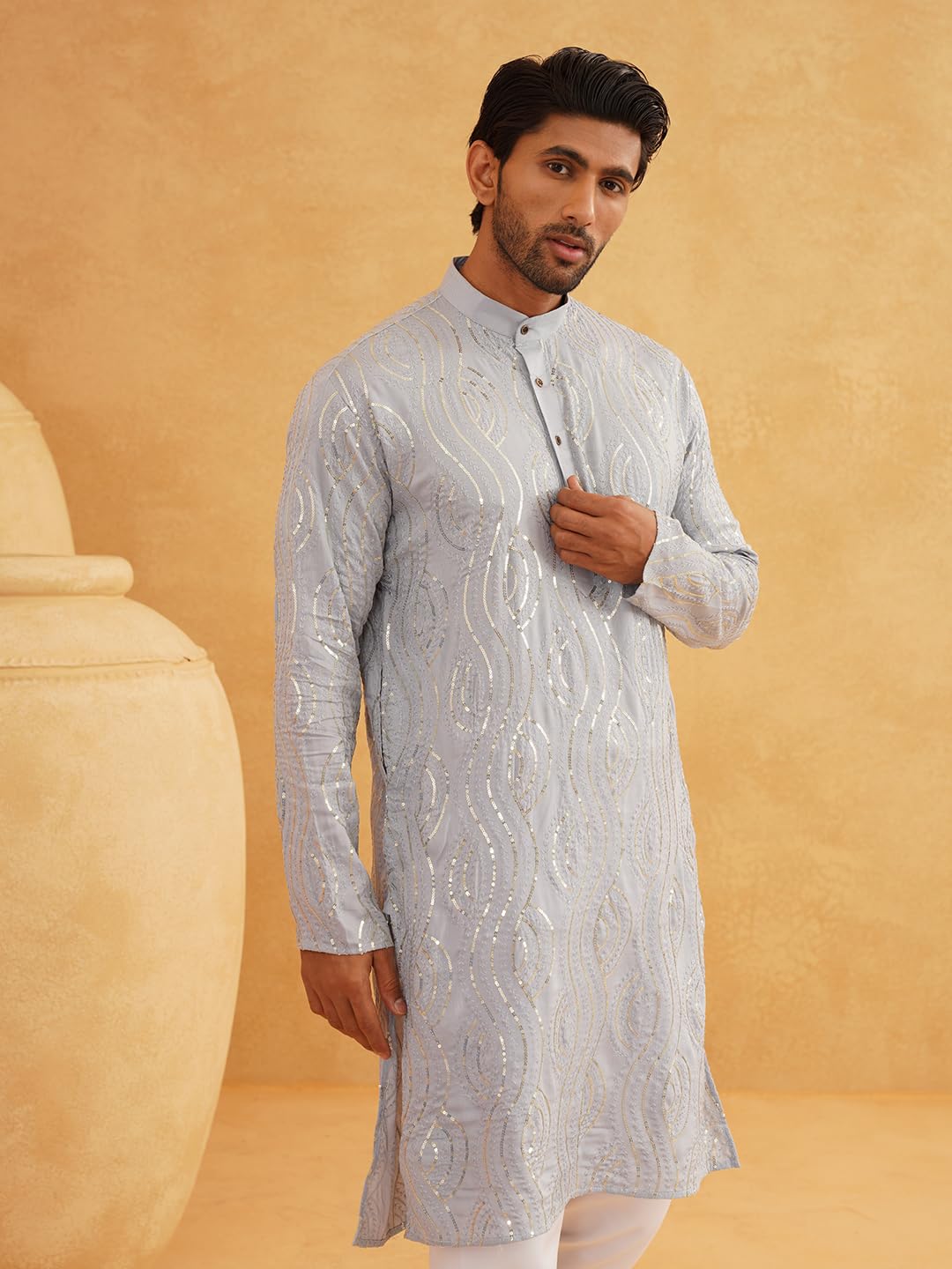 Sojanya (Since 1958 Men's Embroidered Sequinned Cotton Grey Long Kurta