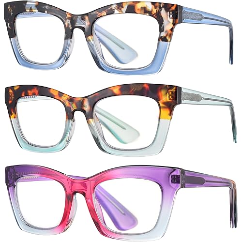 bullabulling 3 pack Oprah style Spring hinge Readers Blue Light Blocking Computer Square Reading Glasses for Women Men