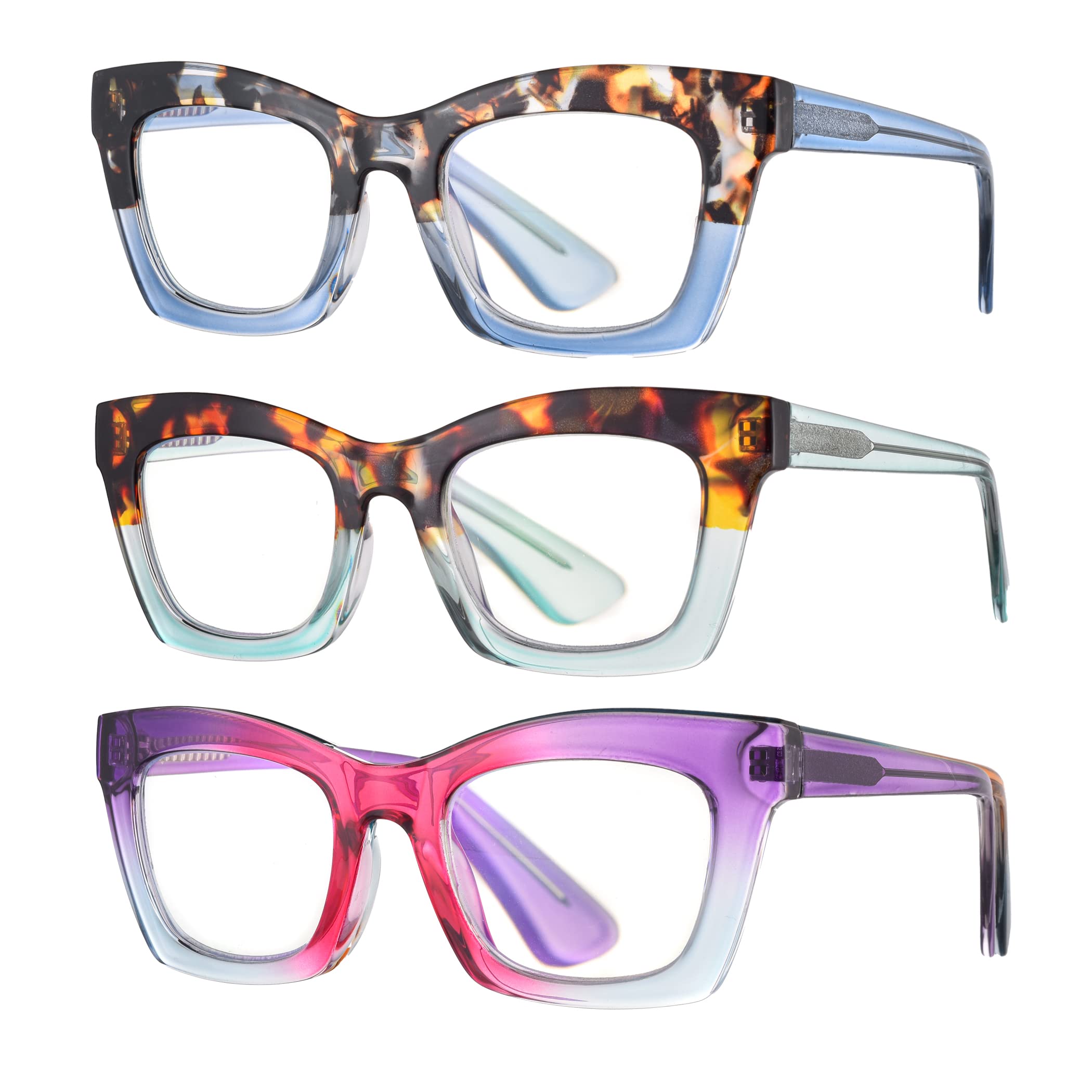 bullabulling 3 pack Oprah style Spring hinge Readers Blue Light Blocking Computer Square Reading Glasses for Women Men