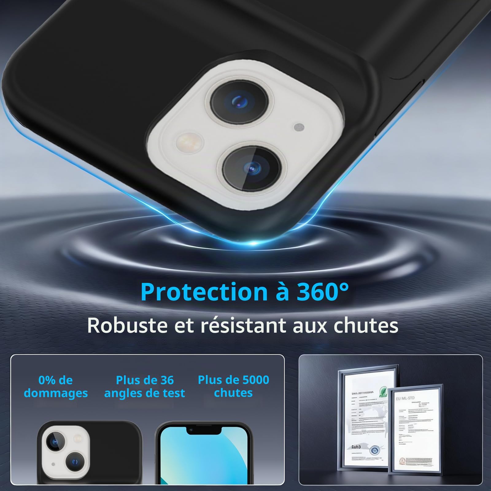 Coque de protection pour iPhone 13 (6,1 "), 8500 mAh, chargeur portable ultra fin, batterie étendue, chargeur de téléphone et coque de protection avec fonction de charge pour iPhone 13 - Noir