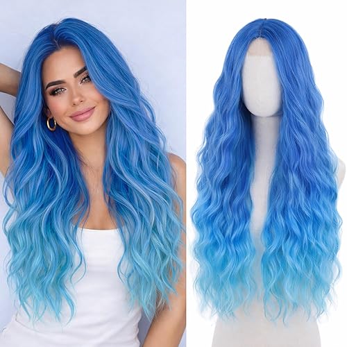 Peluca azul larga natural ondulada sintética de fibra resistente al calor, peluca azul con ondas de agua para Halloween, cosplay, fiesta diaria