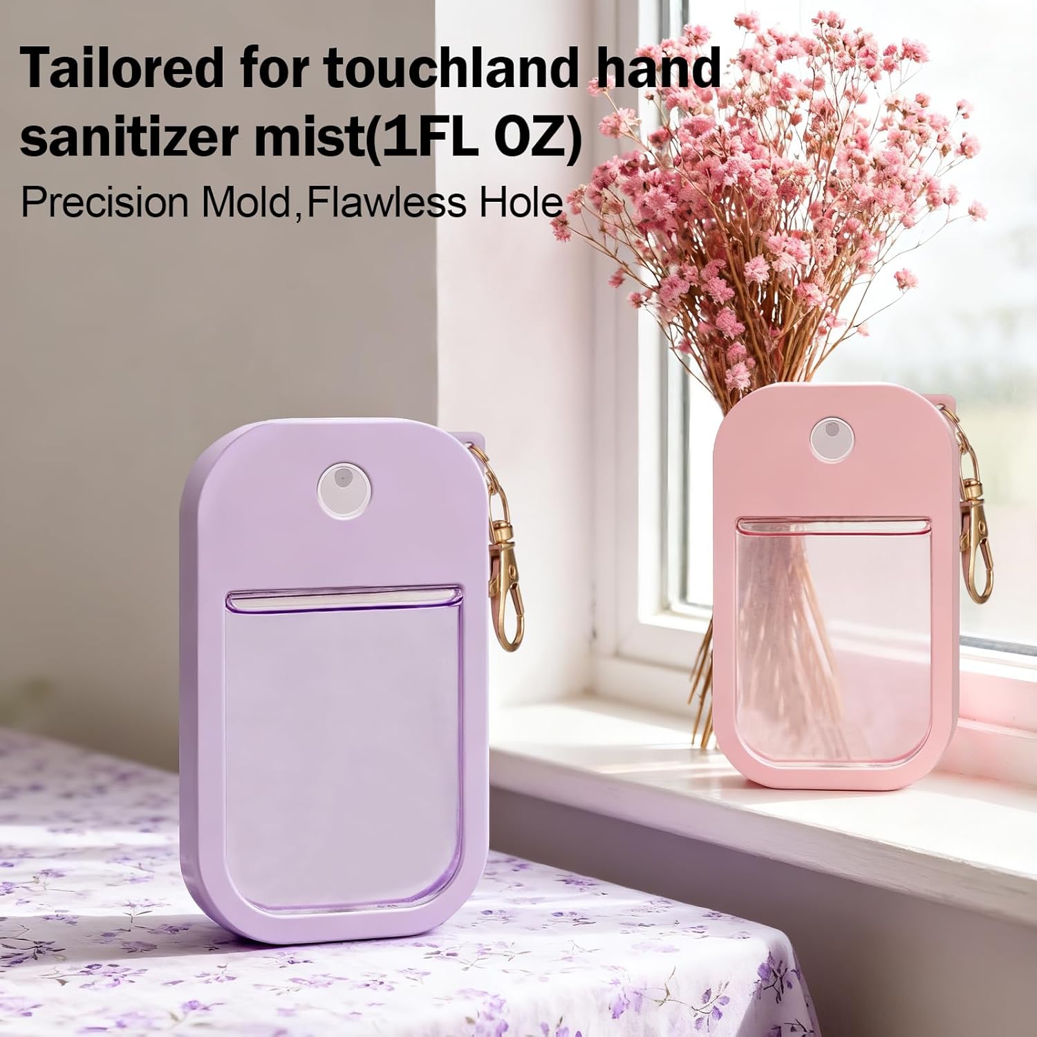 2 Pack Silicone Case for Touchland Hand Sanitizer Spray 1 FL OZ/30 mL, Purple & Pink Portable with Keychain, Protective Cover Compatible with Touchland - Image 2