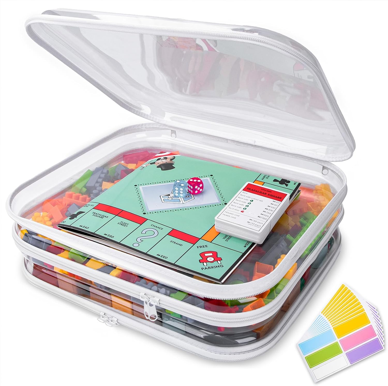 3 Pack Extra Large Clear Board Game Storage Hard Shell Case with Zipper, Organizer Set with Stickers for Card Decks Puzzle Magazine Comic Book Documents a4 Paper and Craft, 13.8 × 11.8 in