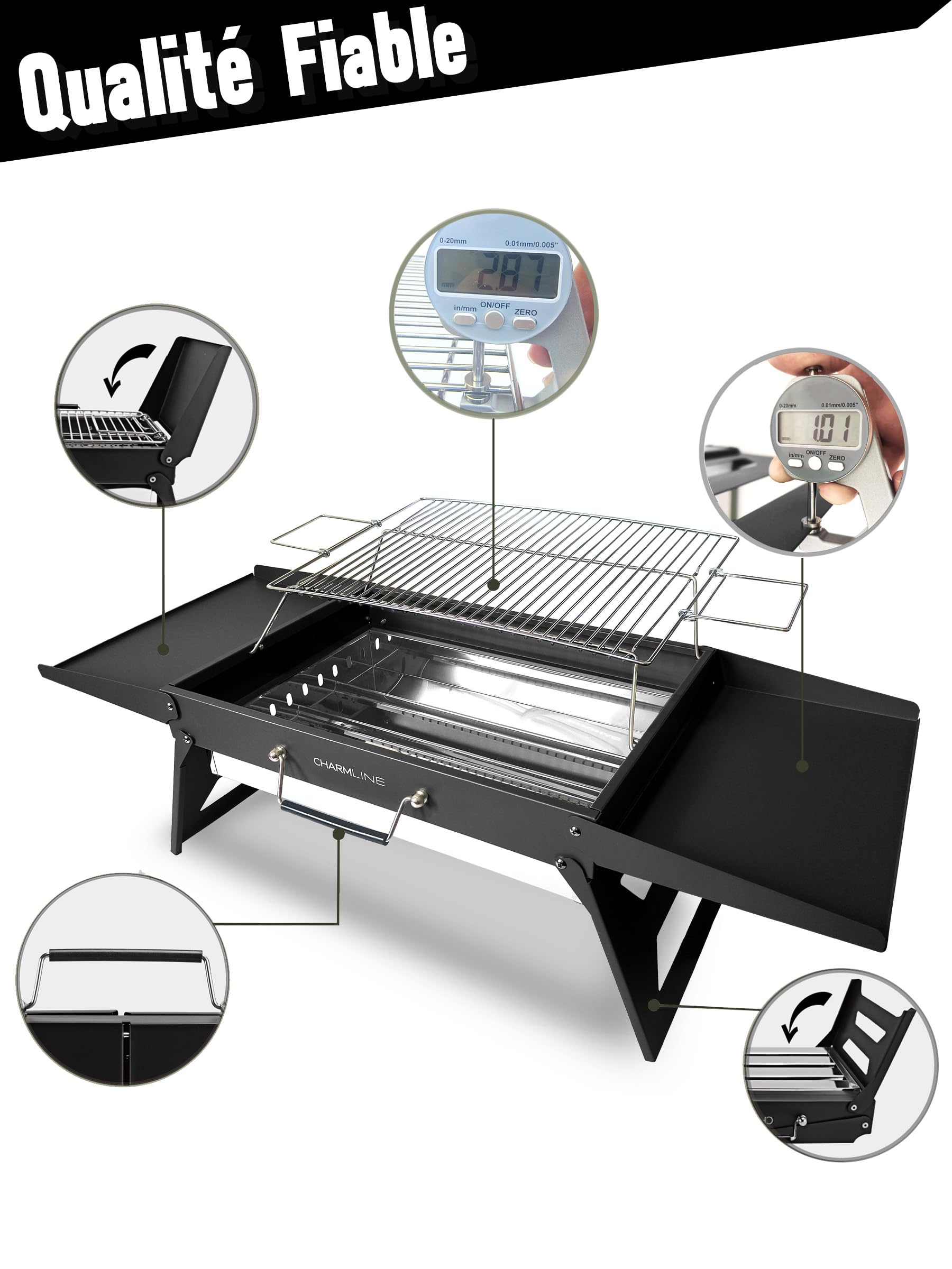 Charmline 47 x 34 cm Barbecue Portable, Gril à Charbon Compact pour 3 à 5 Personnes, Gril à Barbecue pour le Camping, les Pique-Niques, les Jardins et les Fêtes de Plage, Noir