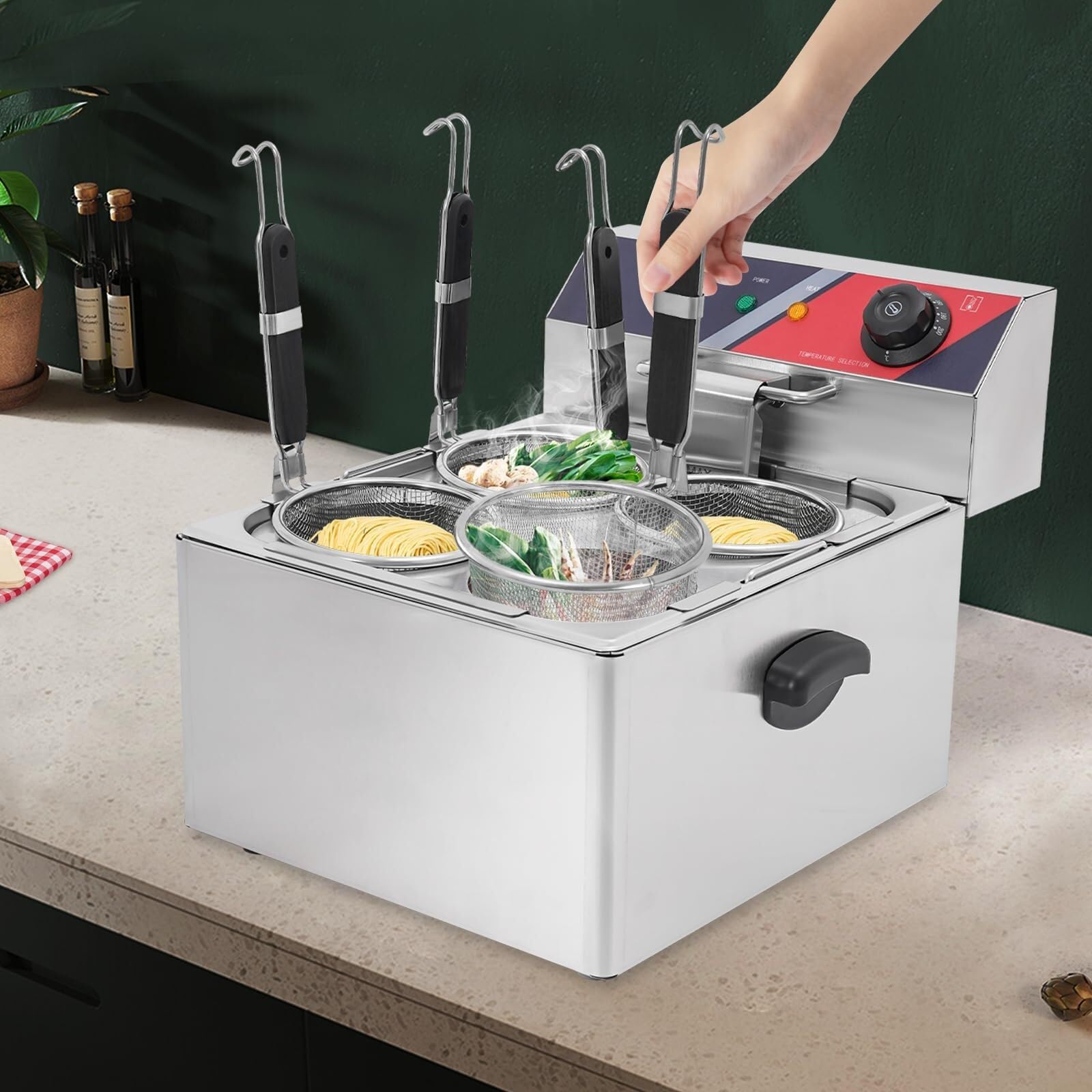Macchina for la Cottura della Pasta a 4 Fori, cuocipasta Elettrico in Acciaio Inox 201 con 4 cestelli filtranti for Spaghetti, Gnocchi, Snack fritti, 3,5 kW