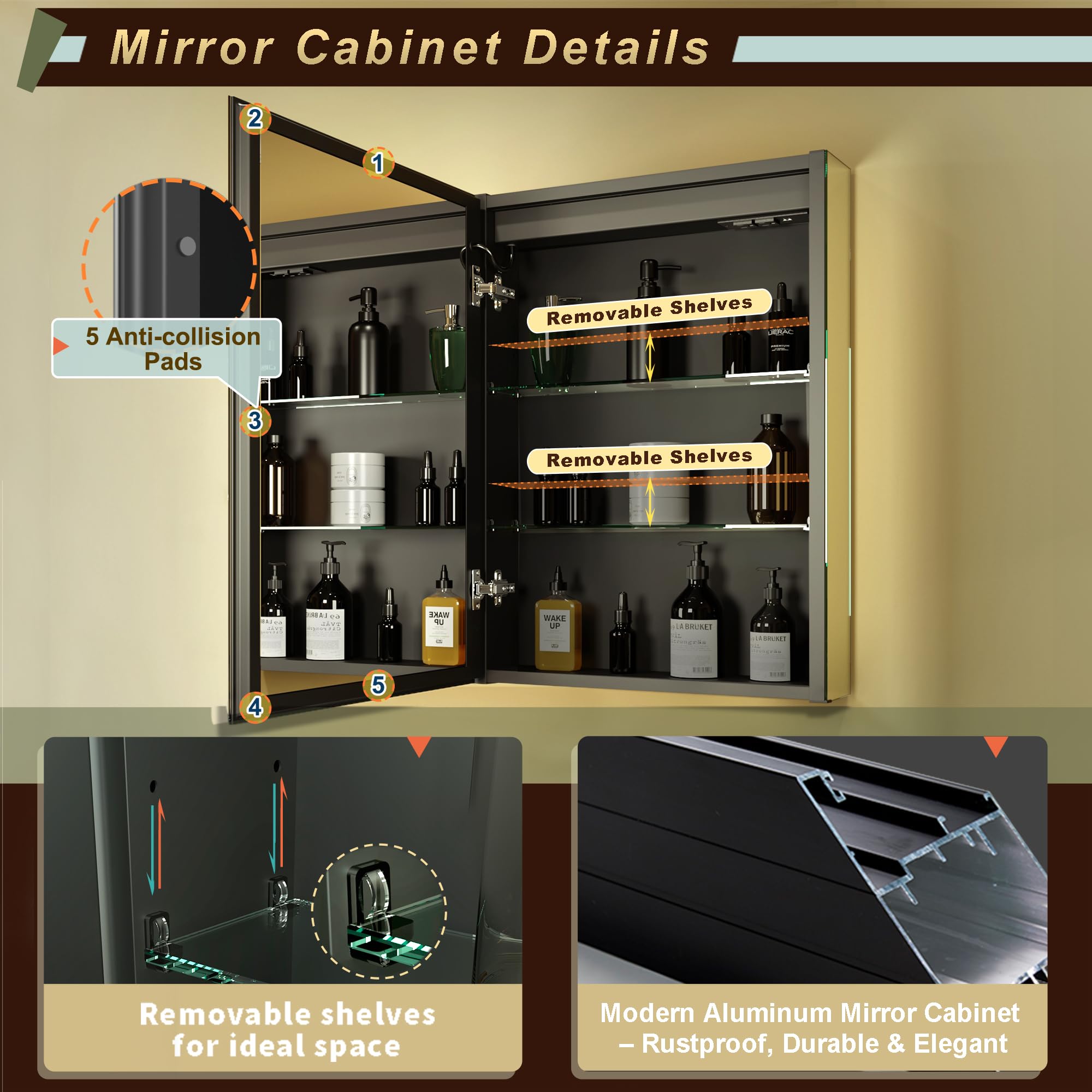 GANPE LED Beleuchtetes Badezimmer Medizin Spiegel Schrank, Defog, Stufenloses Dimmen, Speicher 3-Farben Modus, Speicher Regale, Steckdosen & USBs (Linkes Scharnier, 50 x 70 cm)