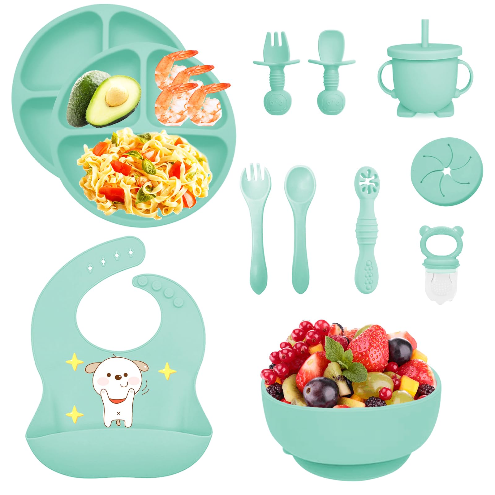 12 Pezzi Set Pappa Svezzamento, Svezzamento Set Silicone Piatto,Set Pappa per Bambino,Set di Posate per Bambini Antiscivolo con Ventosa Piatto Ciotola Tazza Bavaglino Cucchiaio Forchetta (Menta)