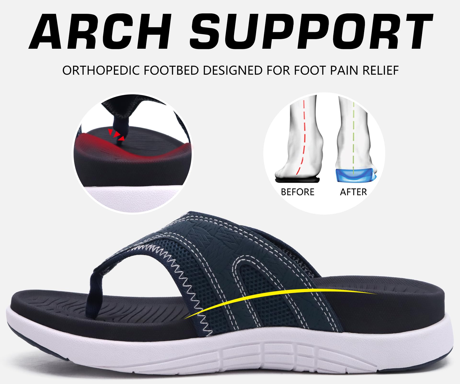 COFACE Tongs Homme Sandales de Sports Soutien de Voûte Plantaire Orthopédiques Réglable été Flip Flop Chaussures de Plage Piscine Antidérapant