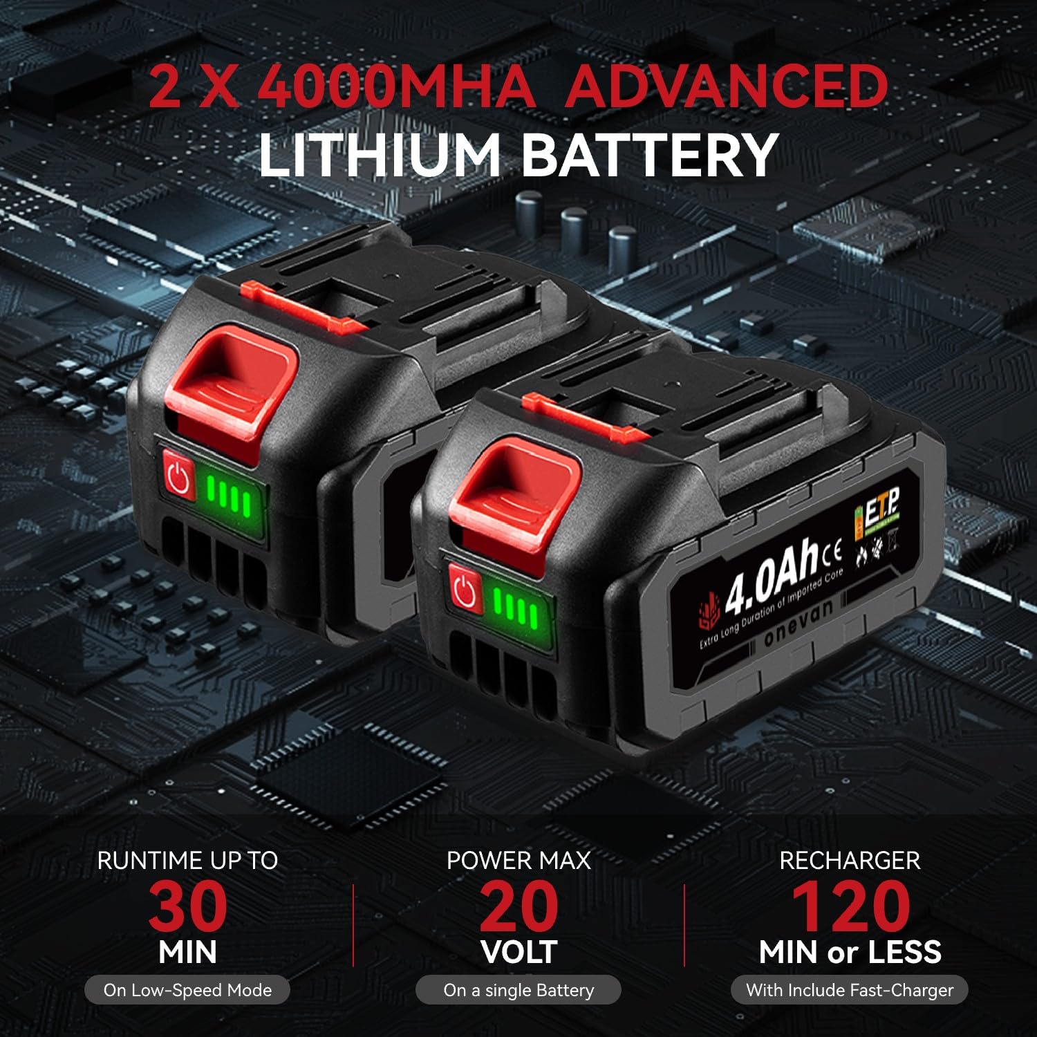 ONEVAN Amoladora angular eléctrica de 4 pulgadas con motor sin escobillas y dos baterías de 4 mAh, potencia 900 W, velocidad 12.000 rpm, viene con 7 hojas de sierra