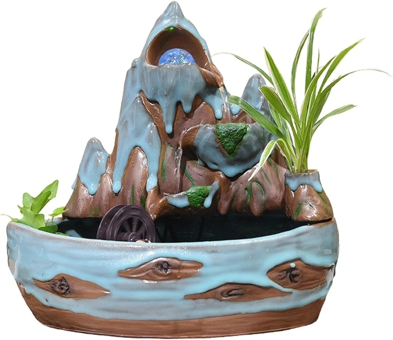Water Fountains Creative Desktop Fountain Ceramic Rock Fountain 3 Layers Flowing Water Waterfall Rotating Ball Perfect Decoration (Blue) Zen Decor (Color : Without Atomizer)