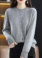 Vista 3 de Rvnsu Suéteres tipo cárdigan de cachemira para mujer, 100% cachemira, manga larga, con botones frontales, suéteres elegantes