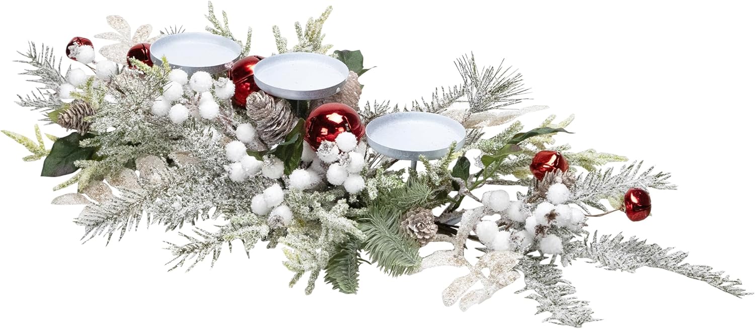 Frosted Winter Greenery and Jingle Bells Christmas Pillar Candle Holder - 28"