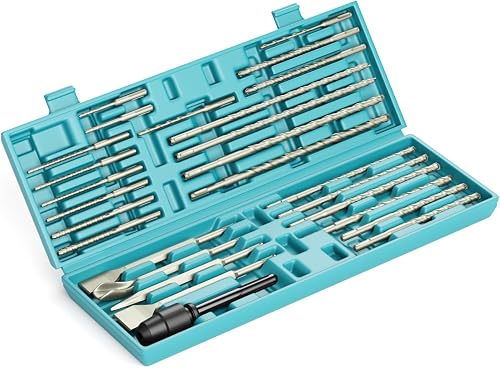 27Pcs SDS-Plus Drill Bits & Chisel Set - Rotary Hammer Carbide Tipped | Double-Threaded Drill Bits & Chisels & SDS-Max to SDS Plus Adapter, with Storage Box, for Masonry Construction Materials