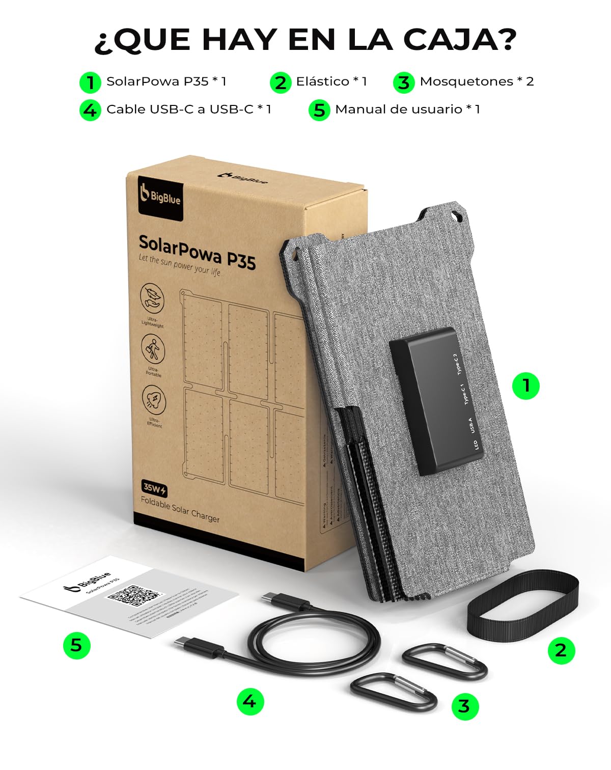 BigBlue Cargador Solar Portátil 35W con Carga Rápida USB-A y PD 25W USB-C, Impermeable IP68, Plegable para iPhone/Android/iPad