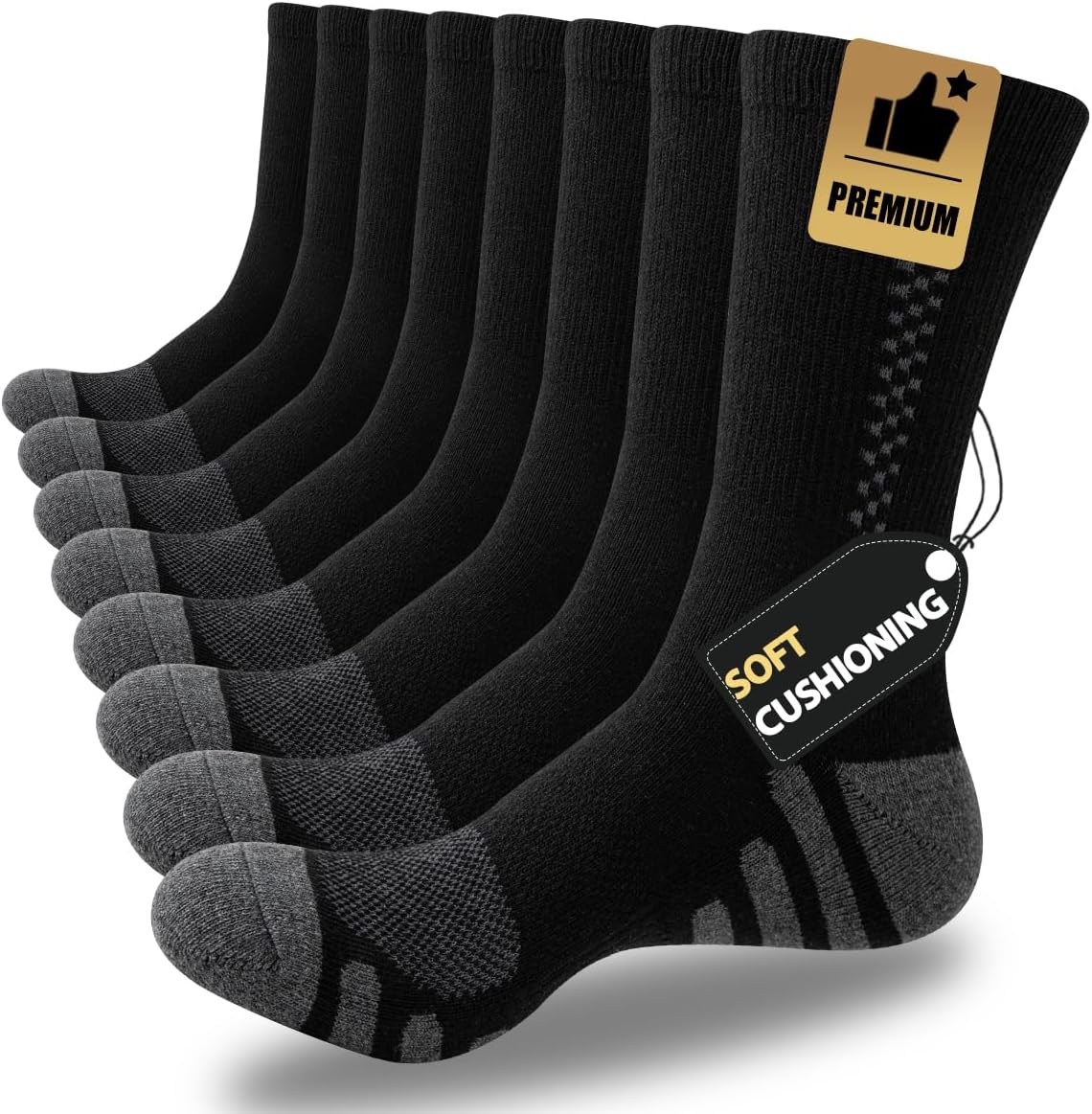 JOYNÉE 8 Pairs Mens Crew Athletic Work Long Socks Calf Cushioned Socks for Sports Running Workout Gym