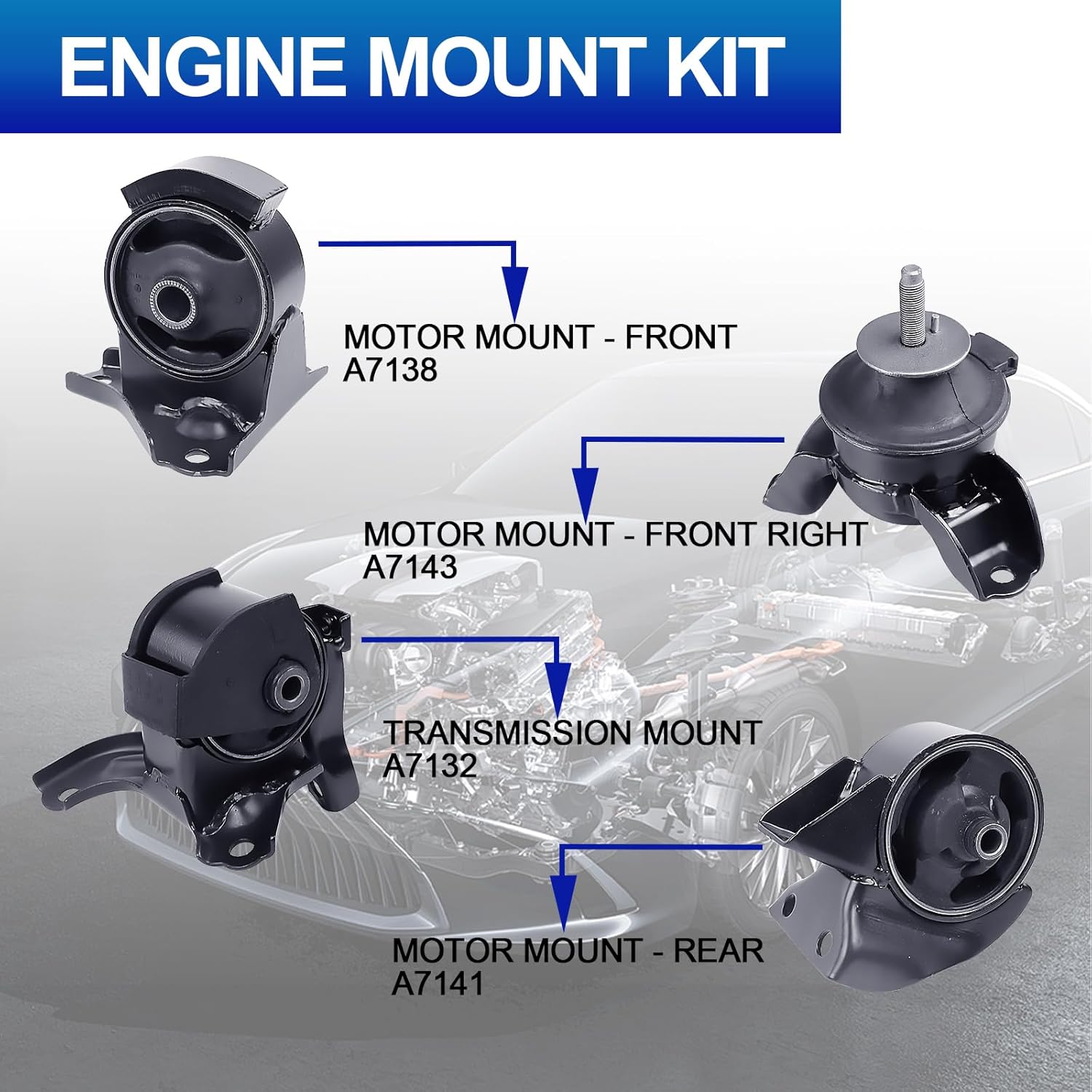 Engine Motor Mount Set - Compatible with Hyundai Tucson 2005-2009, Kia Sportage 2005-2010 L4 2.0L Automatic, Replace# 9374 9322 9306 9368 A7132 A7138 A7141 A7143, Set of 4
