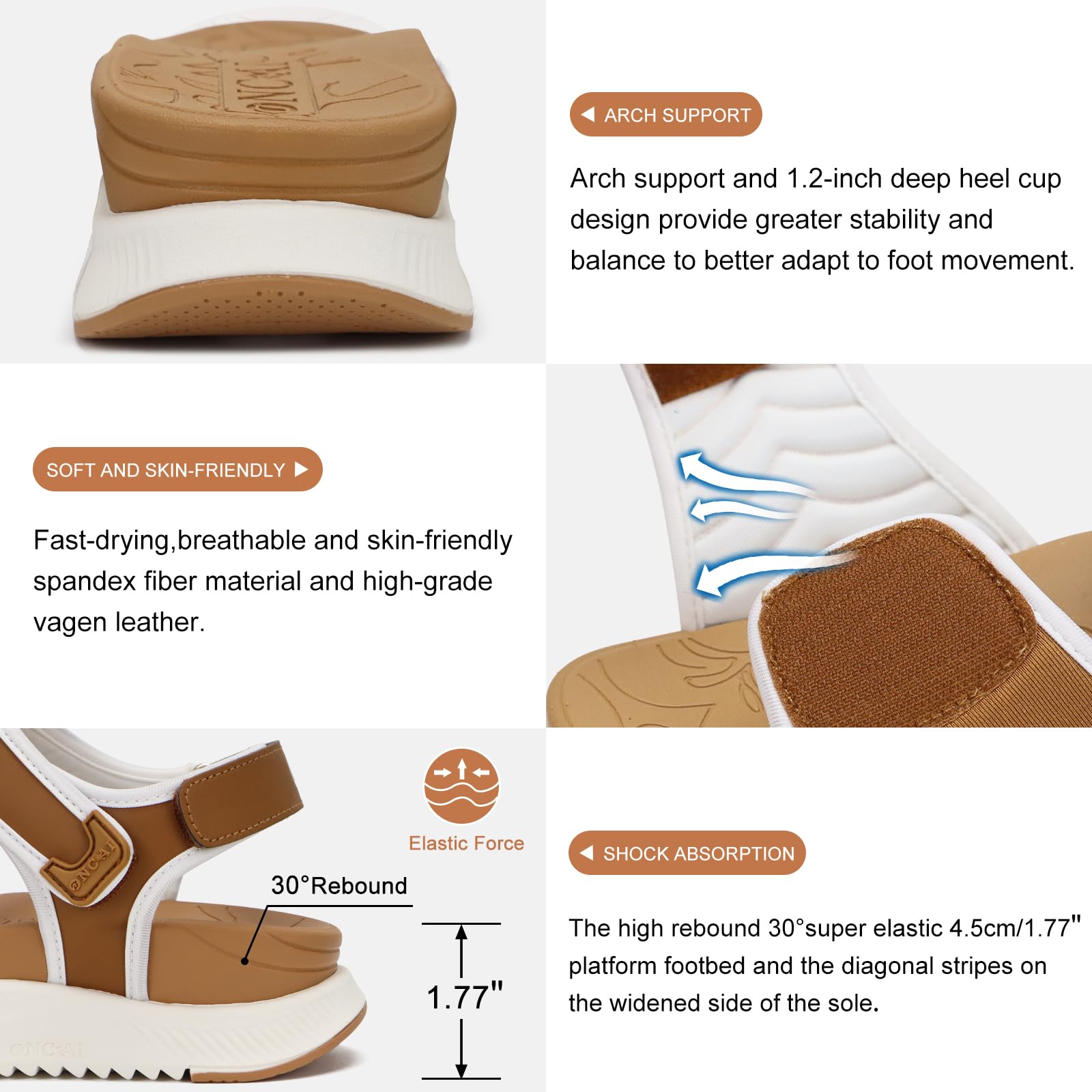 ONCAI Sandales Femmes,Soutien de voûte Randonnée Pour Fasciite Plantaire Sport Nautique Plateforme Orthopédique Extérieur Semelles avec 3 Sangle Réglables Taille 36-43