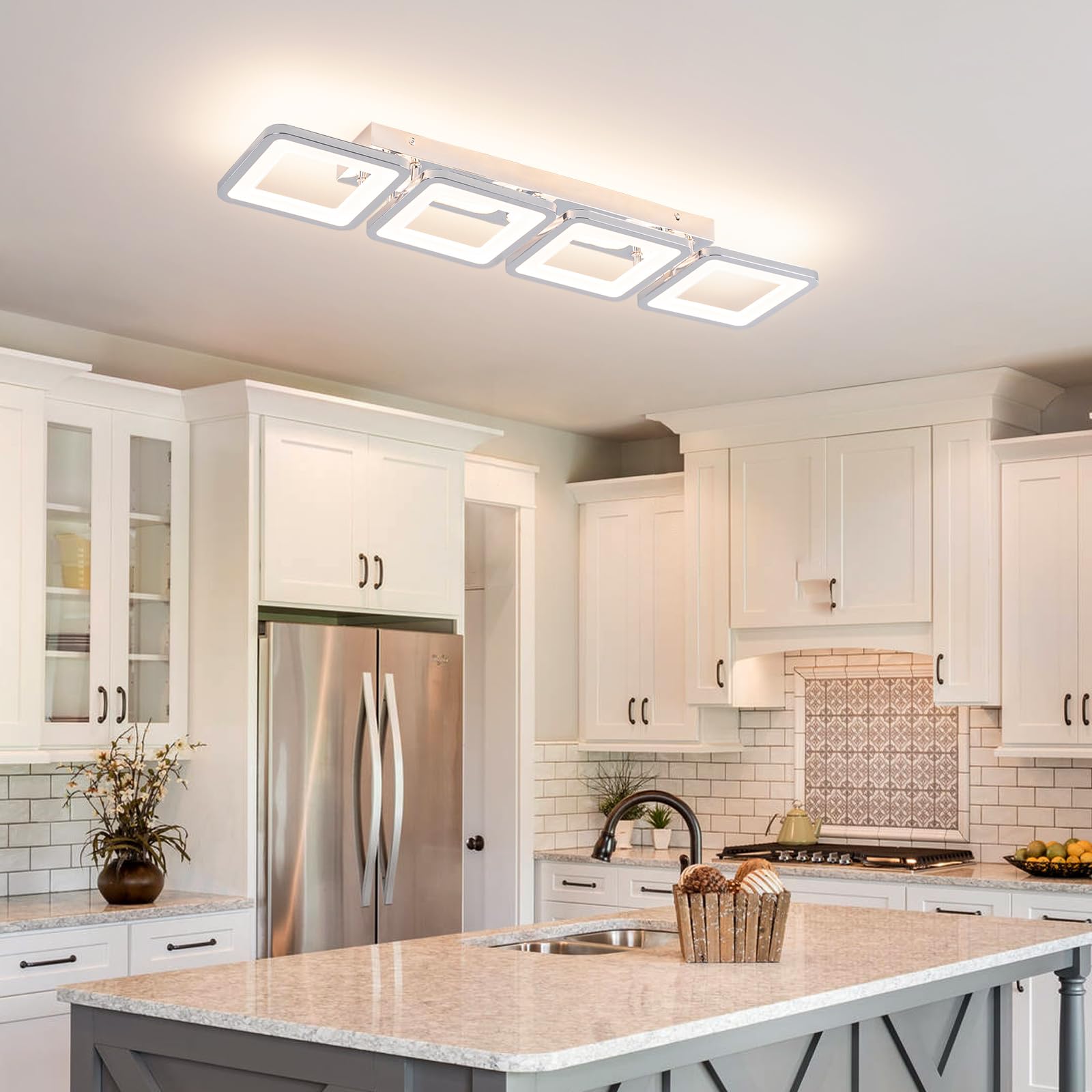 Lámpara de techo LED regulable (69 cm, con mando a distancia, 3000-6500 K, 4 cuadrados, plata, lámpara de techo para pasillo, comedor, dormitorio, oficina, cocina, salón
