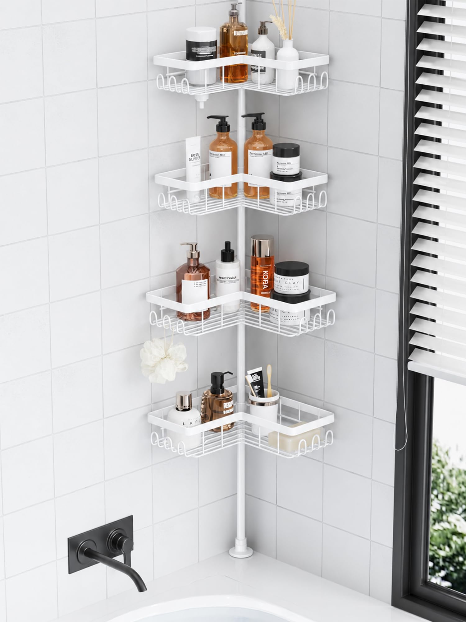 Mensola telescopica per doccia senza fori, organizer per bagno, scaffale telescopico a 4 livelli, mensola angolare per shampoo, per doccia, mensola da bagno, regolabile in altezza, 56-304 cm, bianco