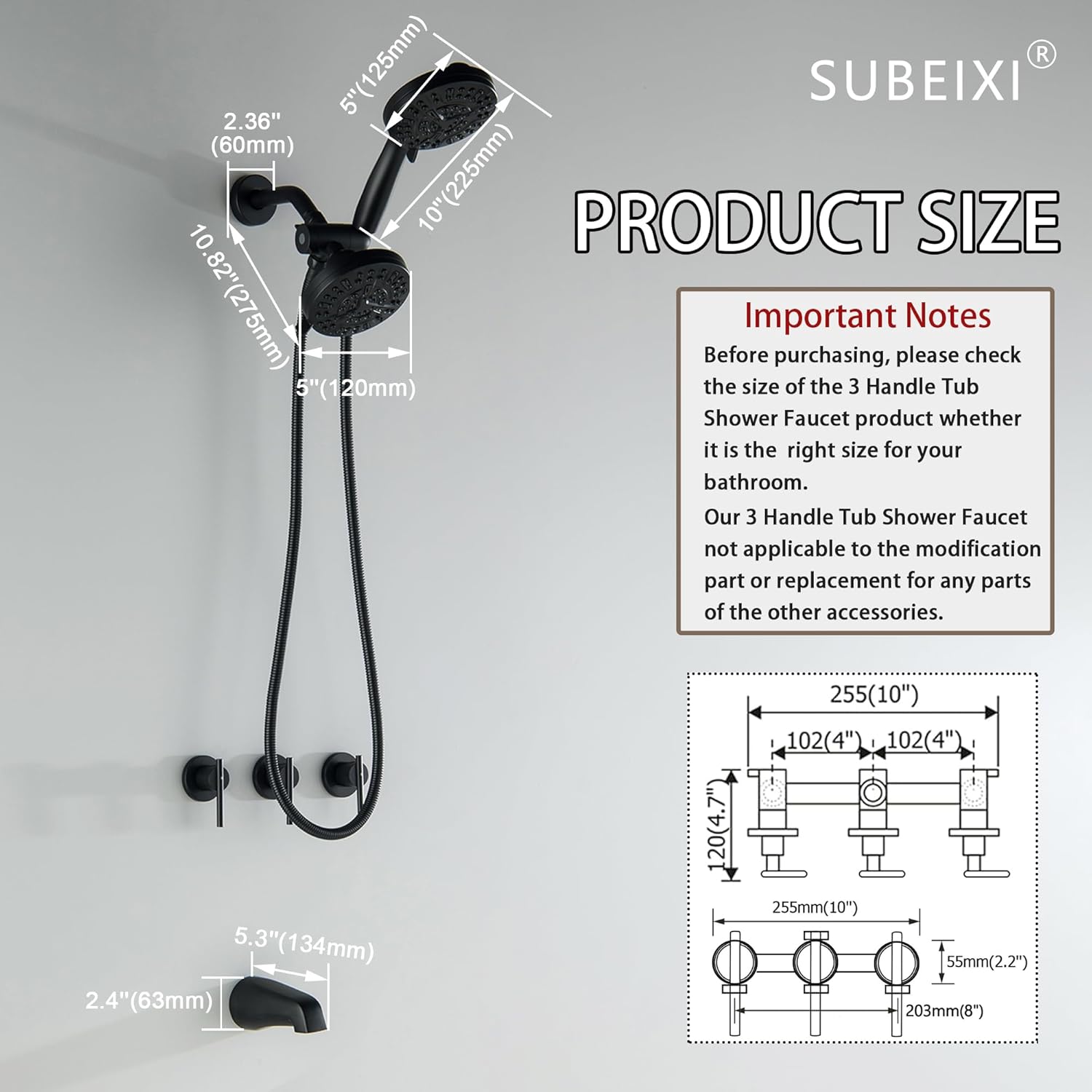 3 Handle Tub Shower Faucet Matte Black Bathtub Shower Faucet Set with Tub Spout, 3 Knob Shower Tub Faucet Set, Wall Mount