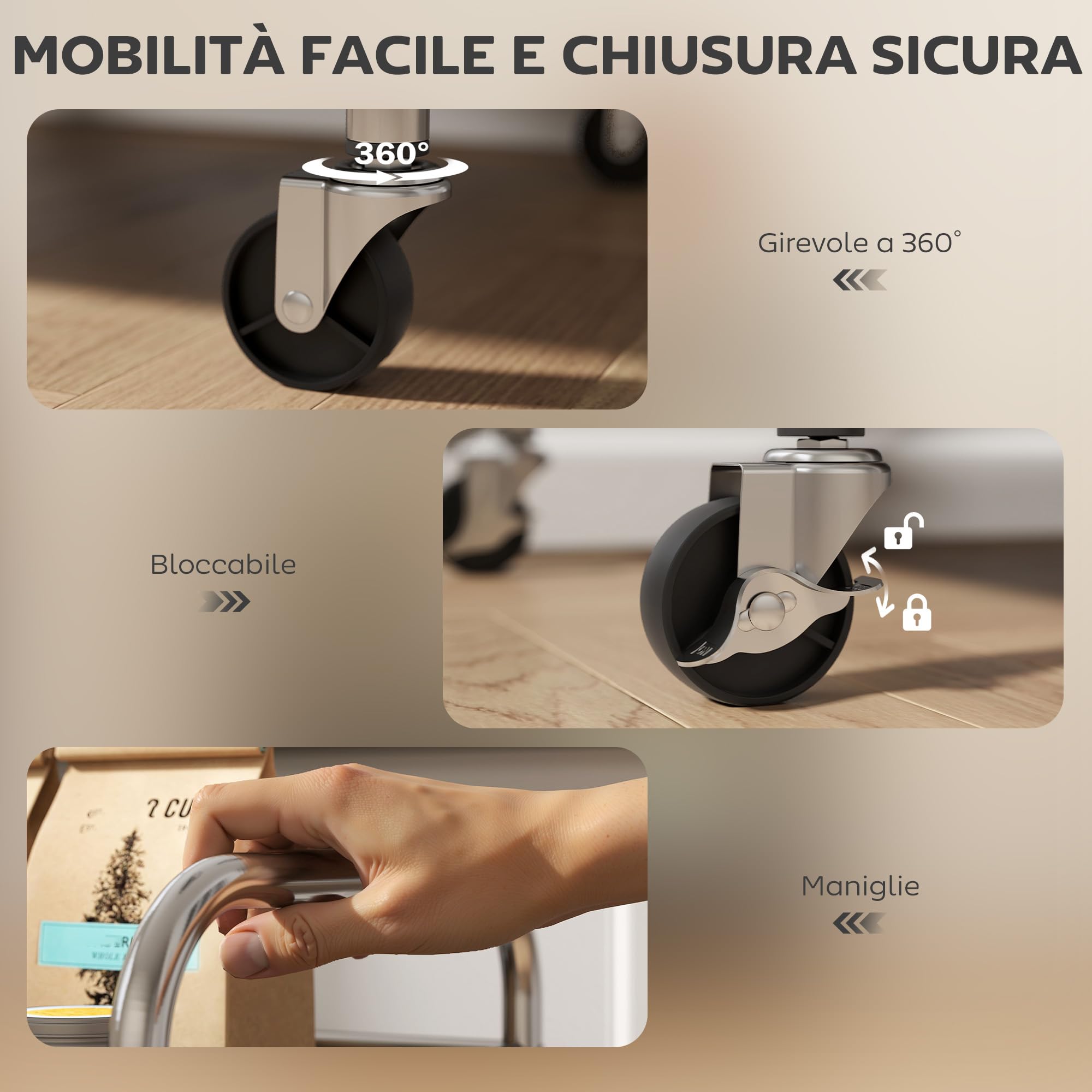 HOMCOM Carrello da Cucina a 4 Livelli con 2 Ripiani Regolabili e Bordi Rialzati, Carrello Cucina Salvaspazio in Acciaio Inox 201 con 4 Ruote e 2 Freni, 60x35x100 cm, Argento