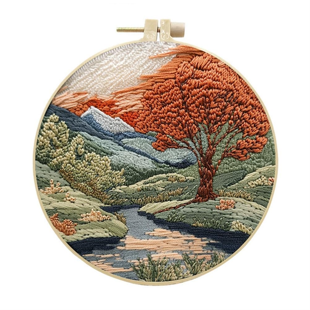 Meecaa Embroidery Kit Starter Set, Landscape Lake Tree Hand Embroidery Set, Pattern Printed Cross Stitch Set for Beginner Adults, with Embroidery Hoop and Instructions (Landscape)