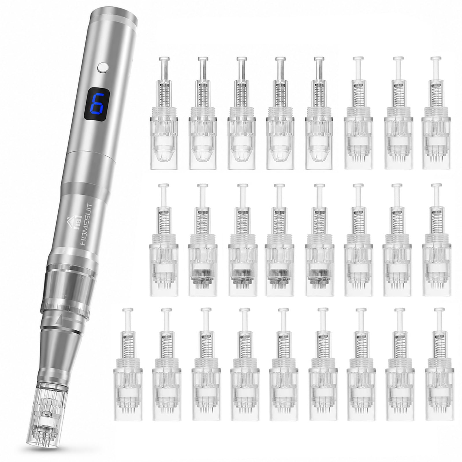 Microneedling Pen 023 Silber - Einstellbare Nadellänge 0–2,5mm, 6-stufige Vibrations- & Heizfunktion, USBC Aufladbar, Tragbares Hautpflegegerät für Zuhause und Reisen,mit Nadeln,Cartridges,LCD Display