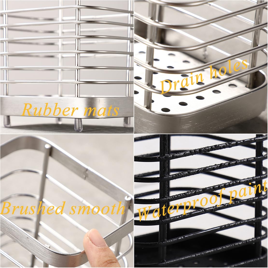 Soporte para utensilios de cocina, organizador de encimera de cocina, escurridor de cubiertos, estante de secado para cubiertos y utensilios de cocina de acero inoxidable (negro, L) 5