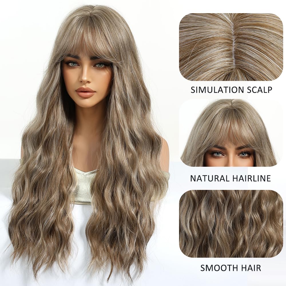 Esmee Long Wavy Ash Blonde Wigs for Women with Fringe Natural Synthetic Hair Wig for Daily & Party Use, 22.5 Pulgadas - Image 3