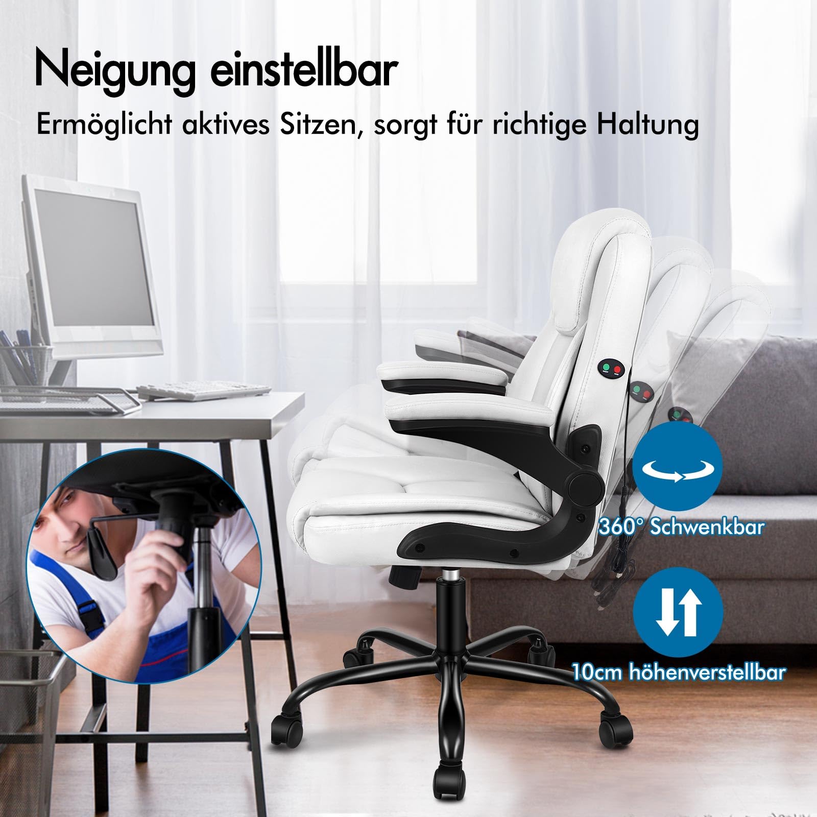 ALFORDSON Ergonomisch Bürostuhl Massage Chefsessel, Schreibtischstuhl Armlehnen höhenverstellbarer, Drehstuhl Wippfunktion 90°-135°, Computerstuhl mit Rollen,Besprechungsstuhl Pu Leder, Weiß