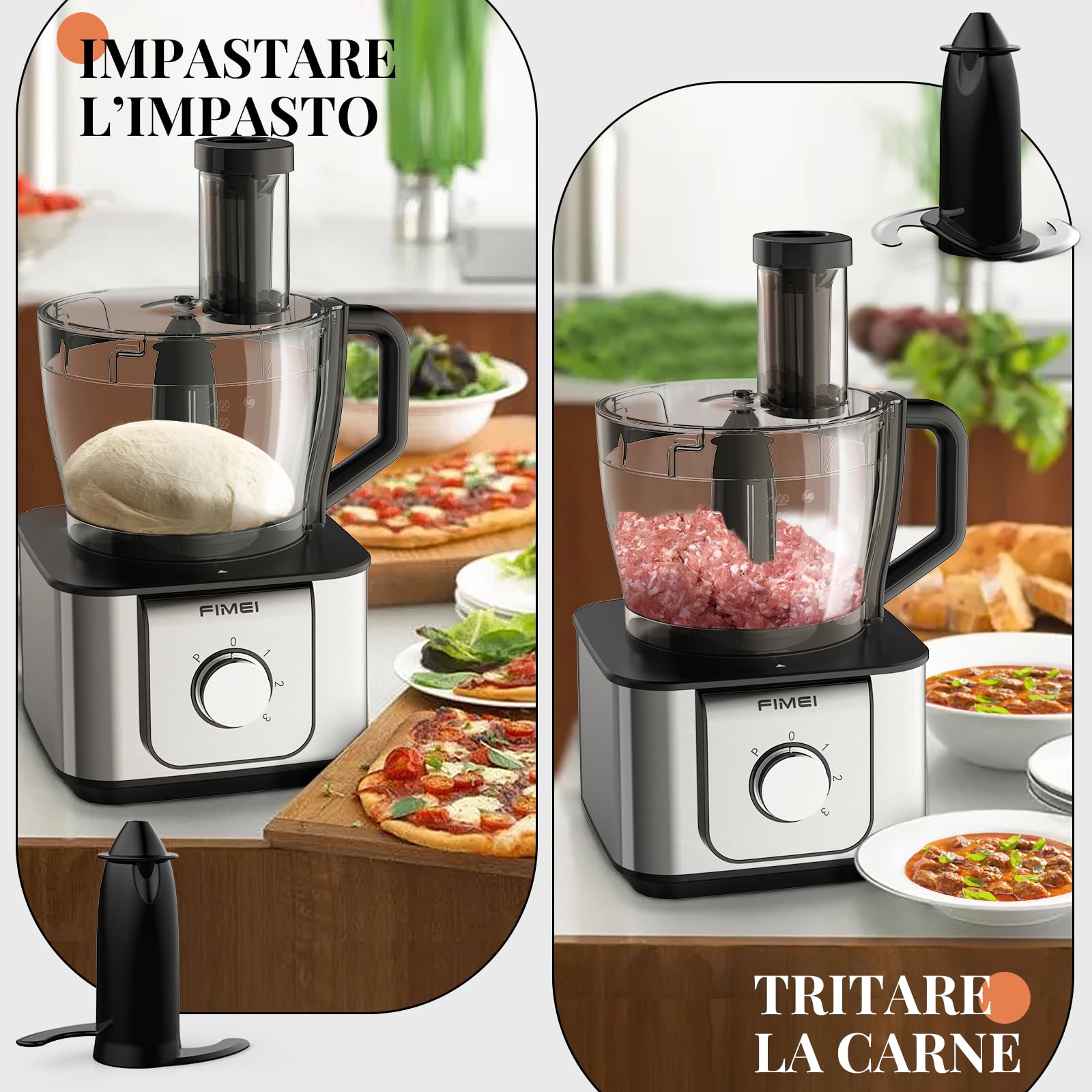 FIMEI Robot da cucina multifunzione 1100W, 3 velocità e funzione Pulse, 3.2L tritatutto, 1.5L frullatore, macinatore, spremiagrumi, impastatrice, grattugia e disco reversibile per affettare
