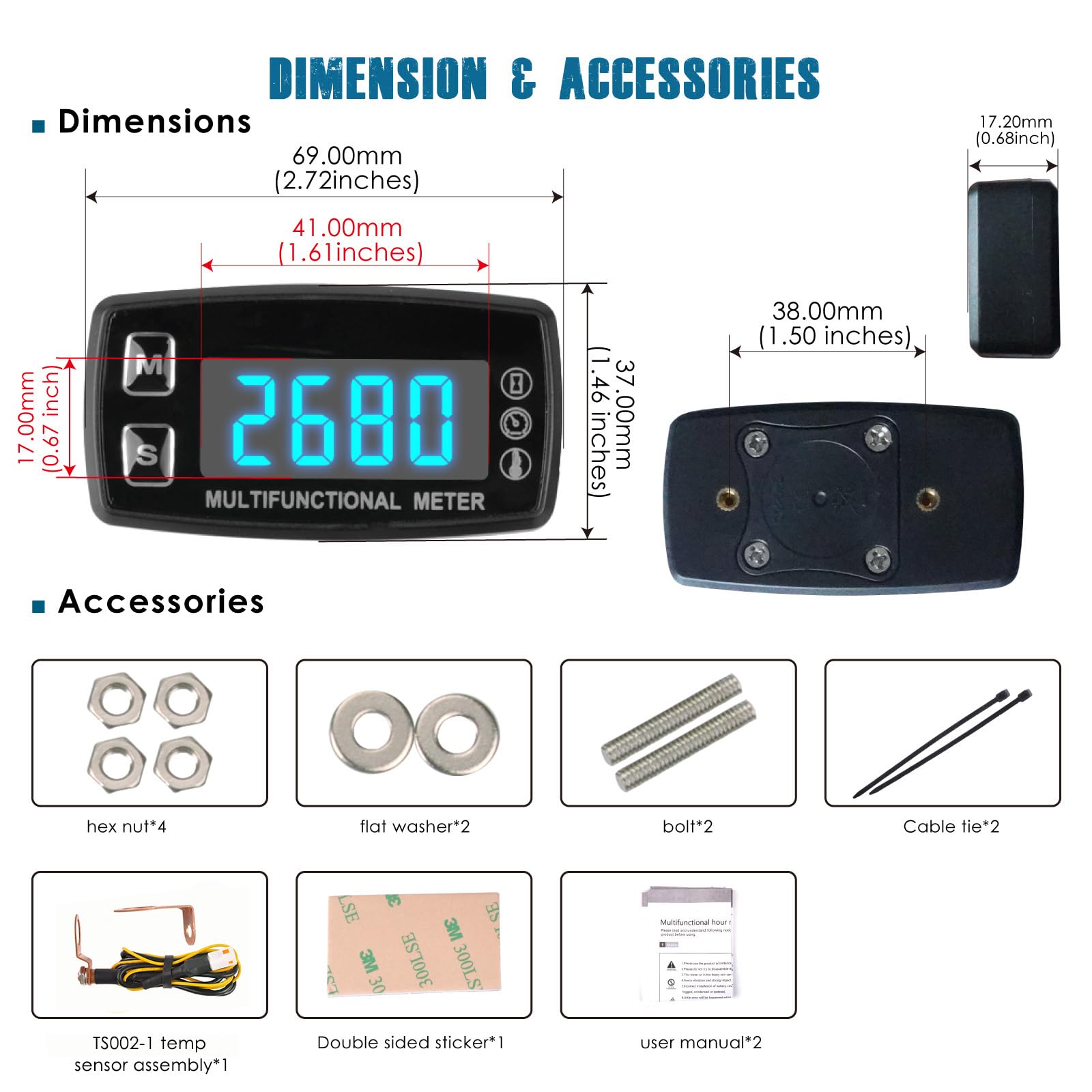 Runleader Compteur horaire LED numérique,affichage du régime et de la température,rappel de maintenance,fonctionnement à alimentation externe pour compresseur marin tondeuse-générateur