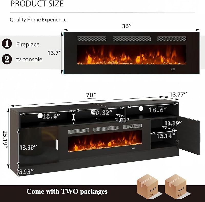 MXV 70" Fireplace TV Stand for TVs up to 80", Modern Entertainment Center with 36" Electric Fireplace, Built-in Power Outlet, 12-Color LED Lights, Black TV Console for Living Room, Black-Black image 2