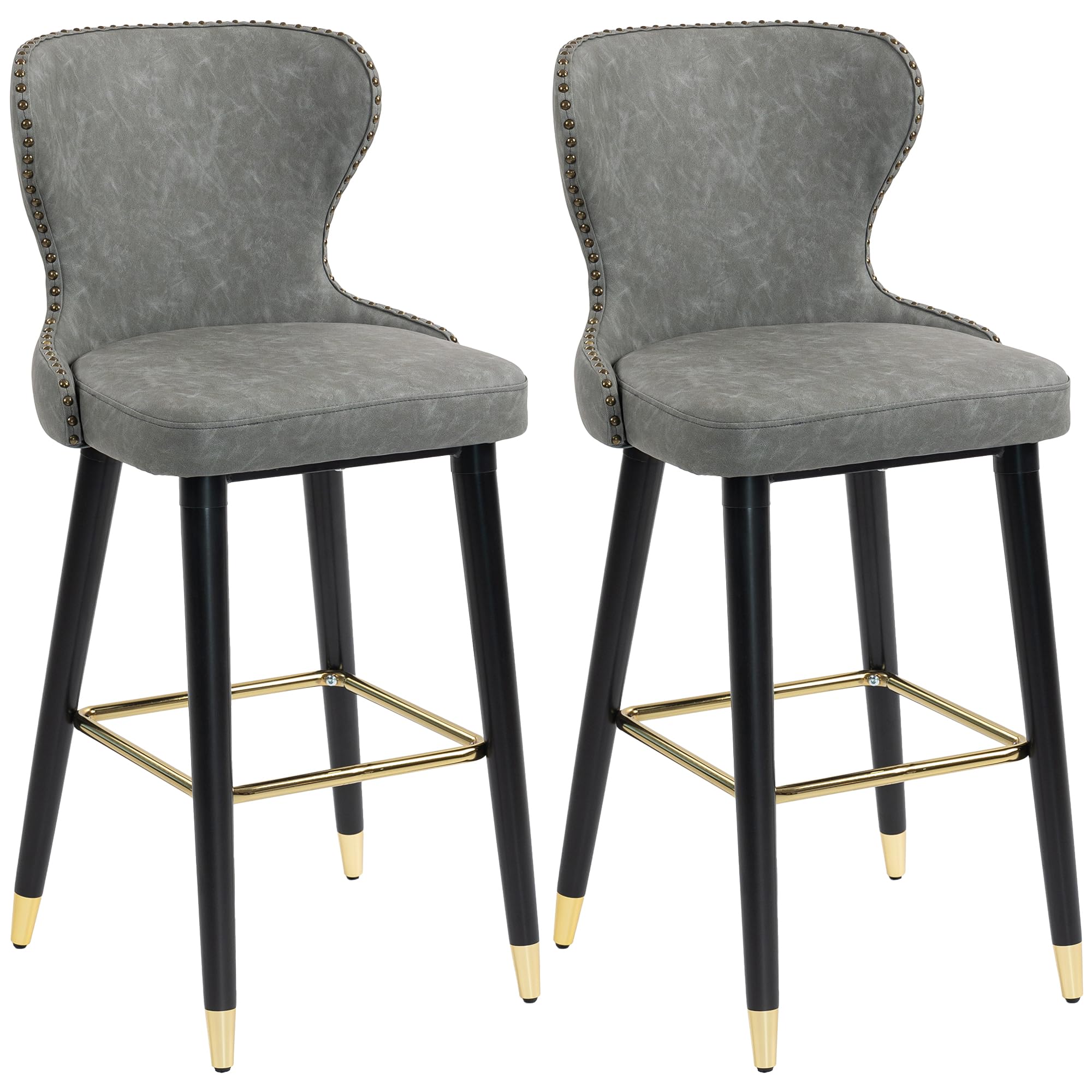HOMCOM Bar Stools Set of 2, PU Leather Barstools with Backrest, Footrest and Solid Wood Legs, Dining Stools for Kitchen, Counter, Breakfast Bar, Grey