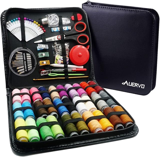 Sewing Kit,AUERVO 116 Premium Sewing Supplies with PU Case, 30 XL Thread Spools,Mini Sewing Kits for DIY, Beginners,Emergency,Kids,Summer Campers, Travel and Home, with Scissors,Thimble,Thread,Needle
