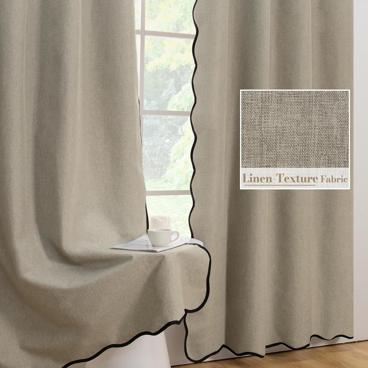 ColorBird Linen Blackout Curtains 84 Inches Long Scalloped Tan 100% Black Out Winter Thermal Insulated Curtains & Drapes for Living Room Bedroom Dining Room Nursery Window Treatment