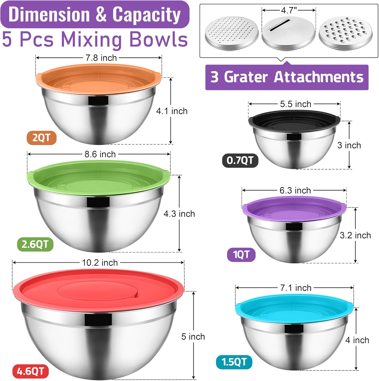 Mixing Bowls with Lids Set of 9, Vesteel Stainless Steel Mixing Bowls Metal Nesting Salad Bowls Attach with 3 Graters for Kitchen Grating/Shredding, Size 4.6, 2.6, 2, 1.5, 1, 0.7 QT - Multicolor