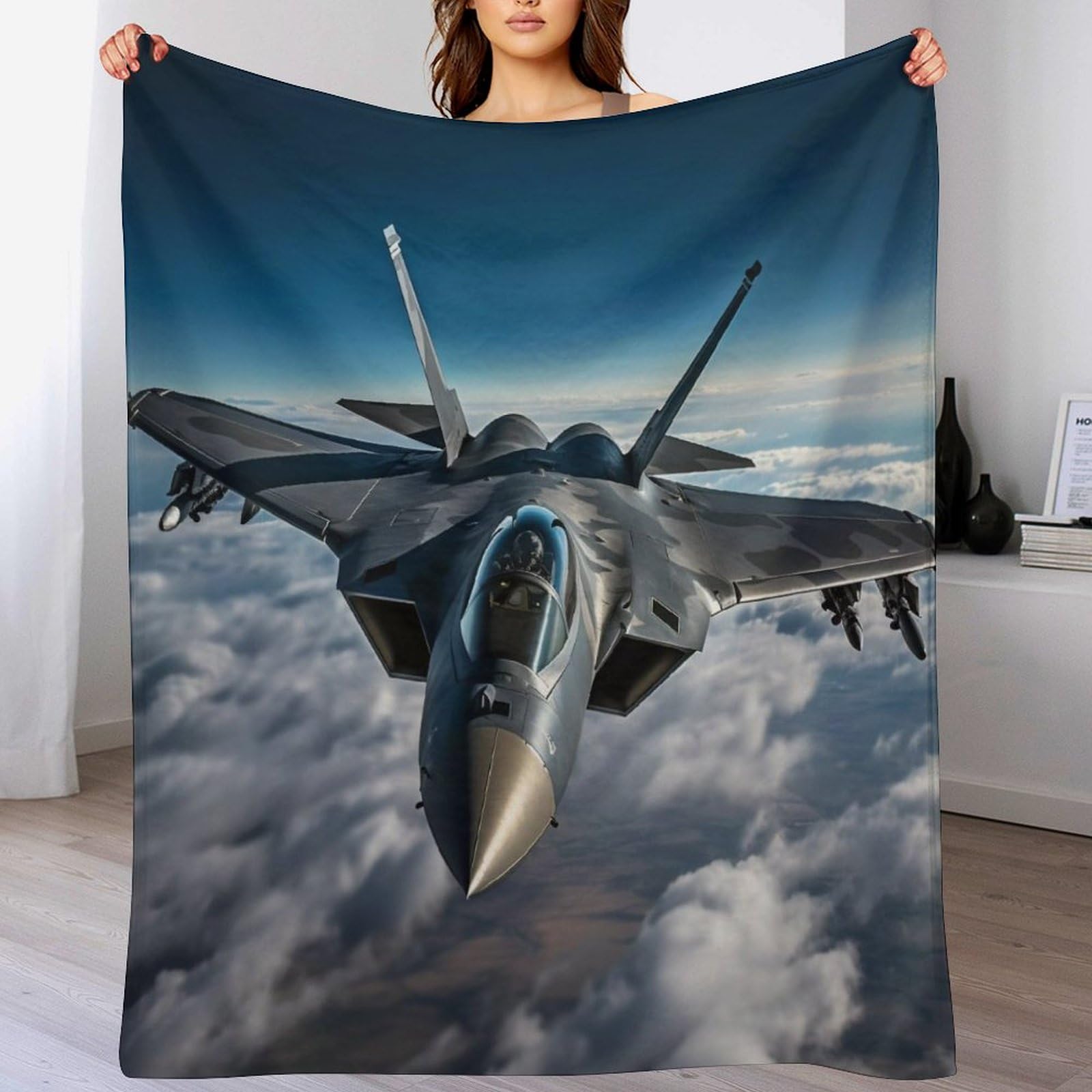 Manta de avión con diseño de combate franela suave colcha gris para sofá 140x180 cm