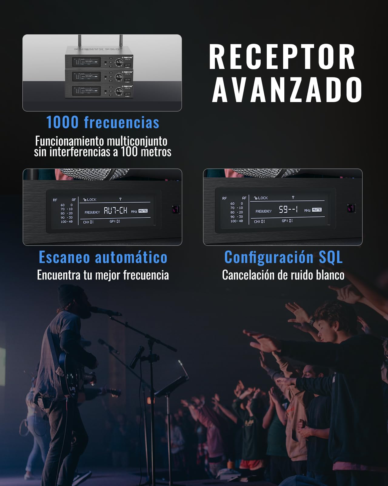 Phenyx Pro Sistema de Micrófono Inalámbrico UHF Canal Único PTU-1U-1H | True Diversity, Auto Scan, 1000 canales ajustables, Alcance 328 ft, Sincronización IR, Mic de mano dinámico