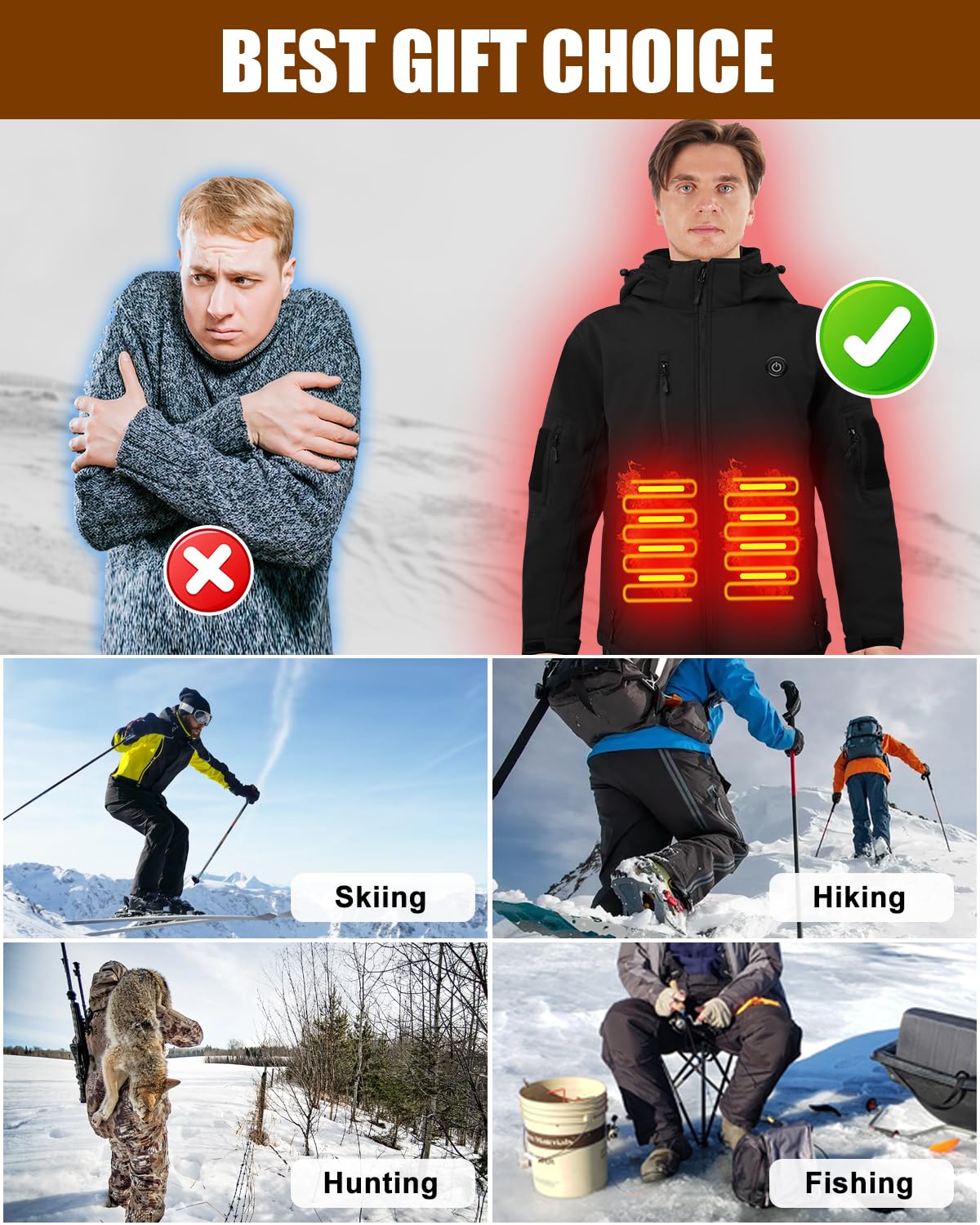 Veste Chauffante Homme, Doudoune Chauffante Électrique Batterie 7.4V 10000mAh, Imperméable Veste Chauffante avec Capuche Amovible pour la Pêche Extérieur Ski