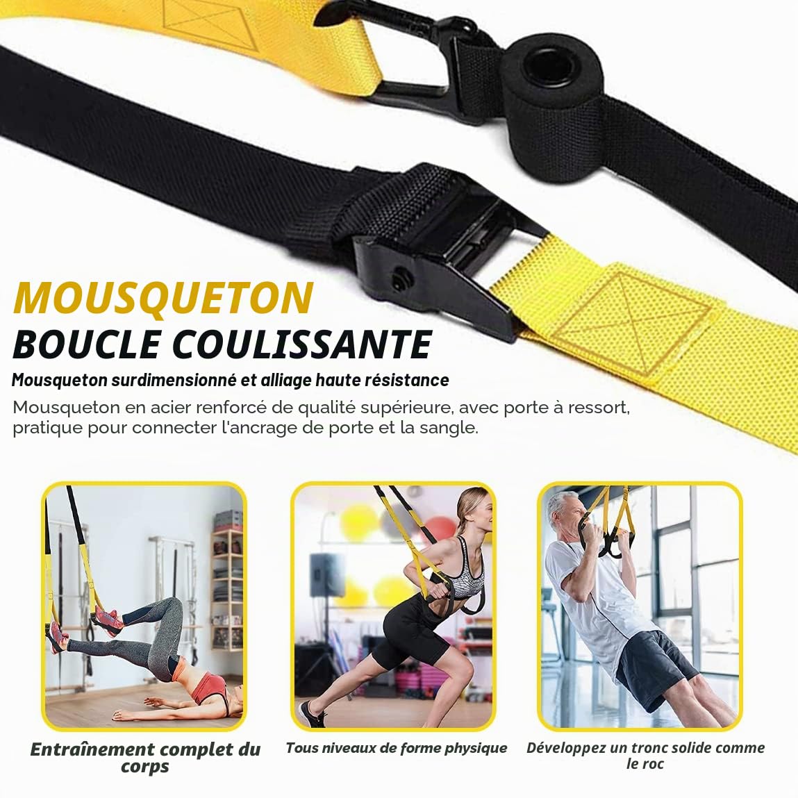 Kit d'entraînement à suspension avec sangle de suspension pour entraînement au poids corporel avec poignées