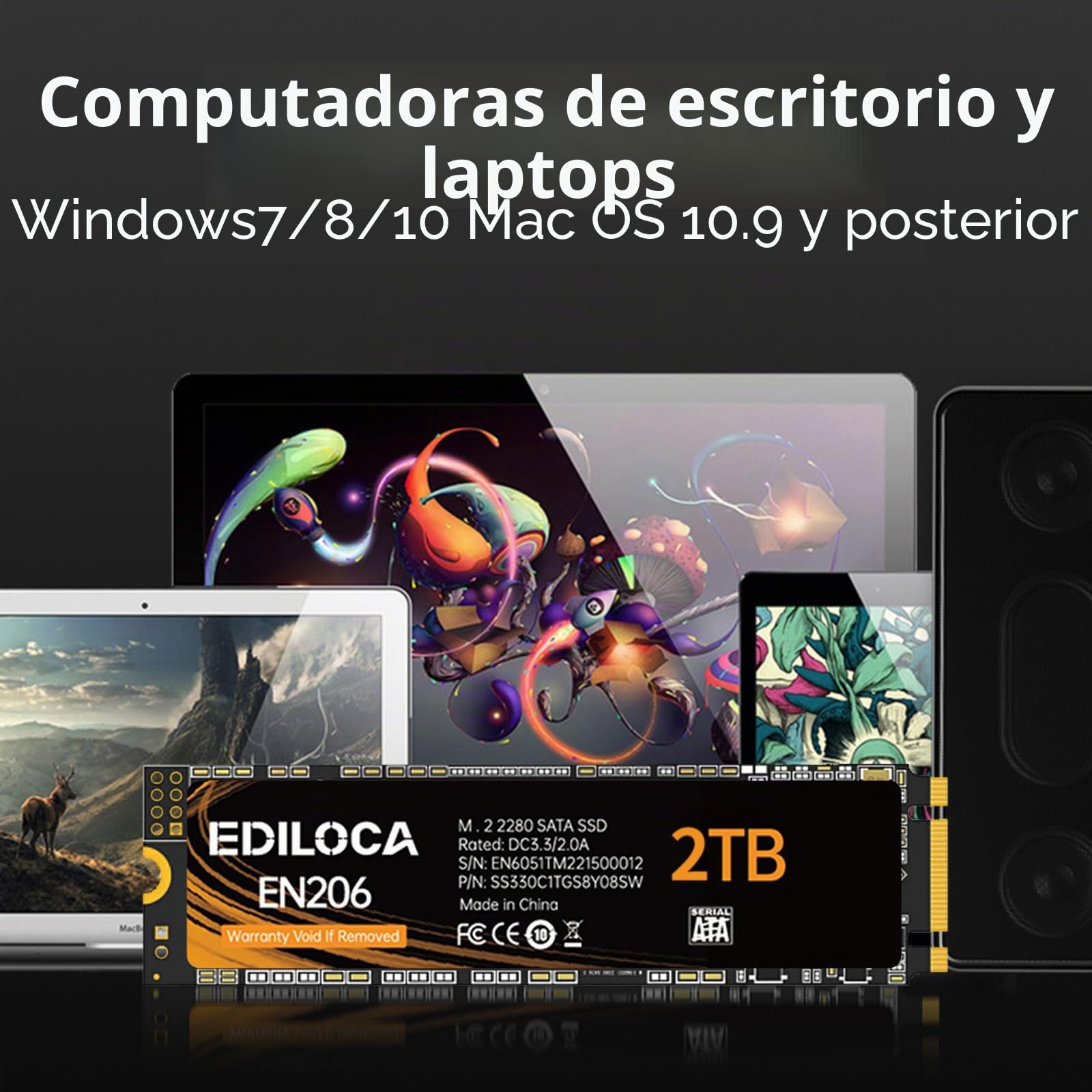 Ediloca EN206 2TB 3D NAND M.2 SSD, M.2 2280 SATA III 6Gb/s SSD Disco Duro Interno, Velocidad de Lectura/Escritura de hasta 550/480 MB/s, Compatible con ultrabooks, tabletas y Mini PC
