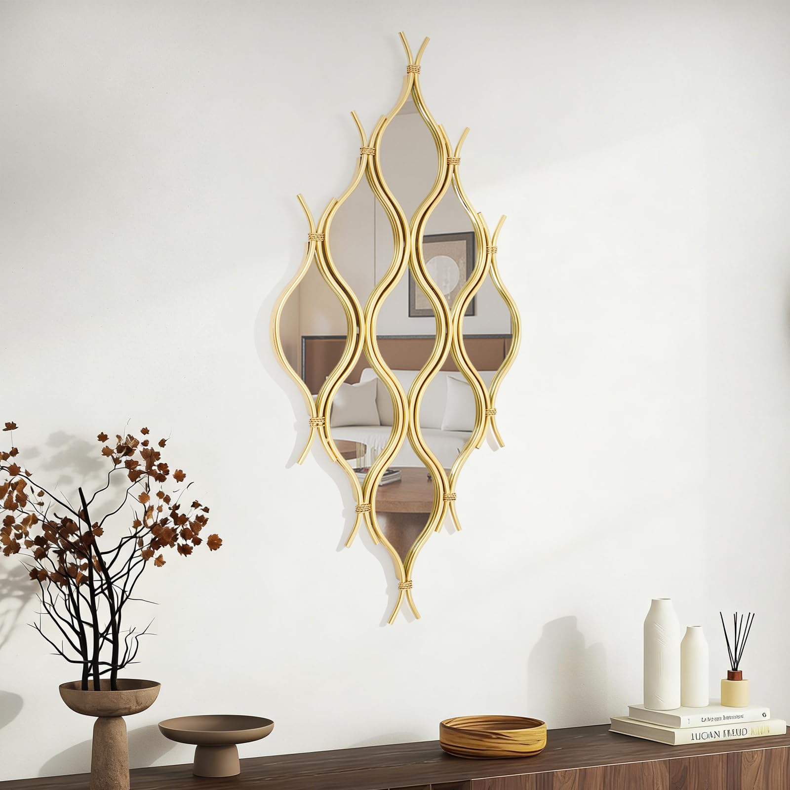 Espejo de pared decorativo, espejo para entrada, dormitorio y sala de estar, espejo de arte de pared para decoración moderna del hogar, color dorado