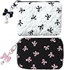 2 Pack Small Makeup Bag for Handbag, Cute Cosmetic Pouch with Pleated Embossed Texture & Bow Design, Pink and Black Mini Organizer Pouch for Daily Essentials