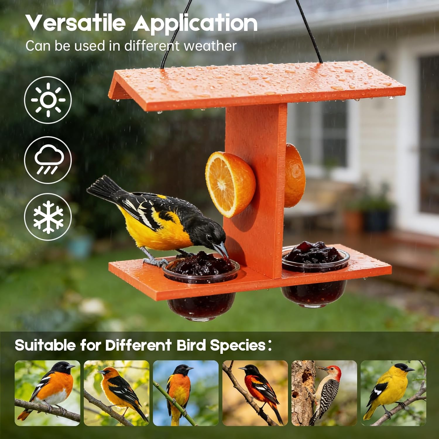 Beslands Oriole Feeders for Outdoor Hanging, 2 Jelly Cups Bird Feeder, Large Capacity with Orange Pegs All in One, Recycled HDPE, Supports Fruit Nectar Seed for Orioles, Baltimore Oriole