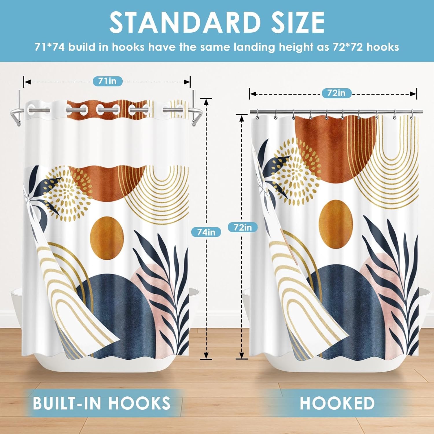 No Hook Boho Mid Century Shower Curtain with Snap in Fabric Liner, Abstract Leaves Sun Arch Double Layers Waterproof Fabric with See Through Top Window Open Grommet Bath Curtain 71x74 Inch