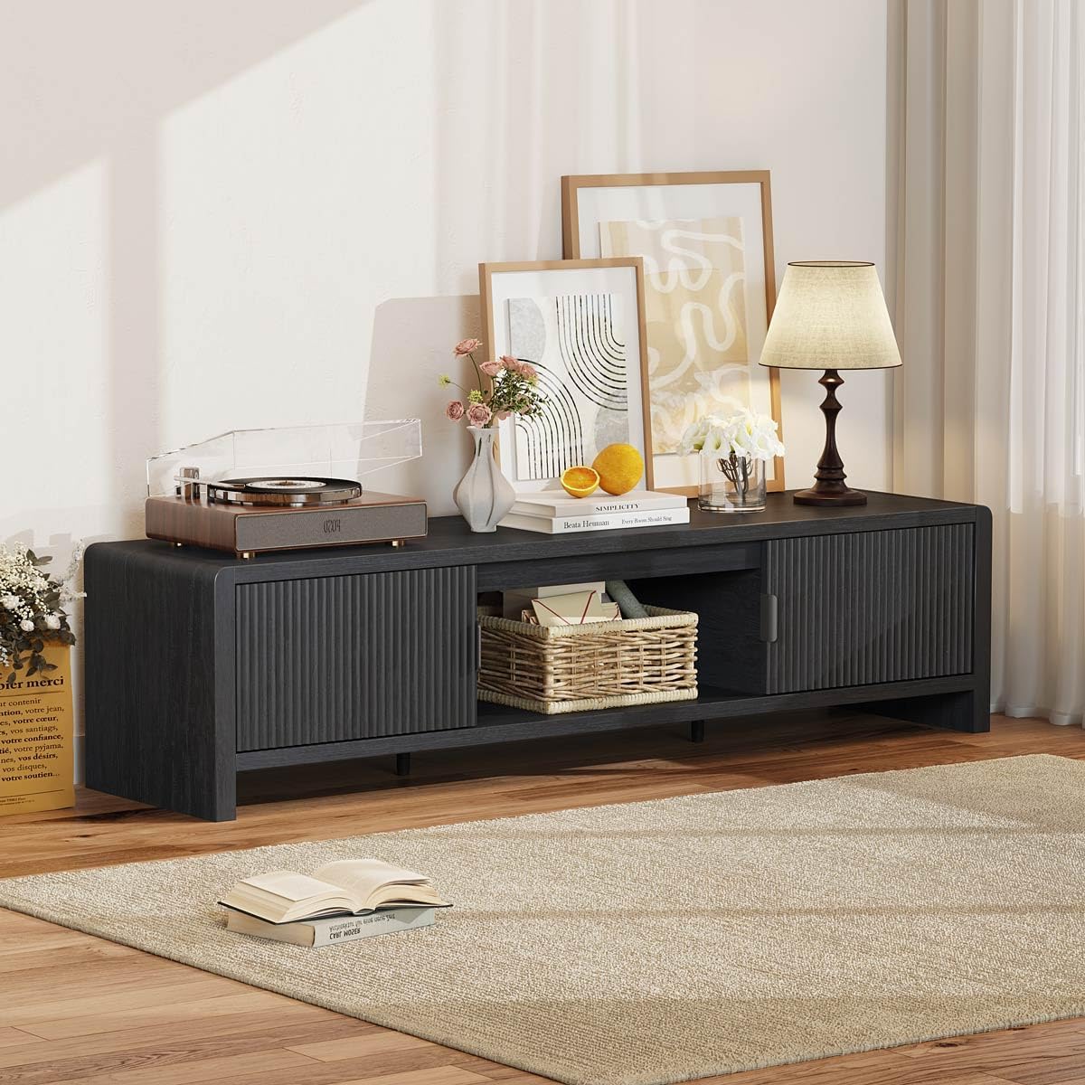 FATORRI TV Stand for 75/65/55 Inch TVs, Mid Century Modern Entertainment Center with Storage, Wooden Television Media Console Cabinet with Fluted-Door for Living Room, Bedroom (63 Inch W, Black) - Image 7