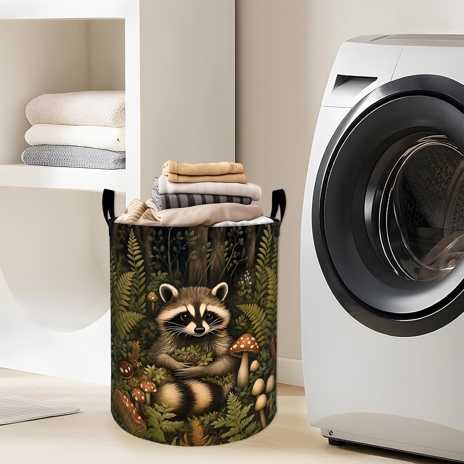 Cute Raccoon Laundry Basket with Handles, 19.7"x15.7" Clothes Foldable Woodland Animal Laundry Hamper Organizer for Dorm Nursery Bathroom Decor, Forest Mushroom Storage Bin Gifts for Women Kids image 2