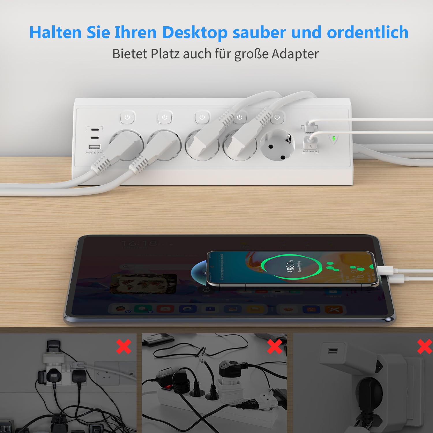 Regleta Enchufes de Esquina con USB C 20W, 5 Tomas Enchufe Multiple con 4 USB C y 2 USB A, Regleta Proteccion Sobretension con Interruptor, Enchufe de Mesa 1,8 m Cable para Cocina y Oficina, Blanco — view 6