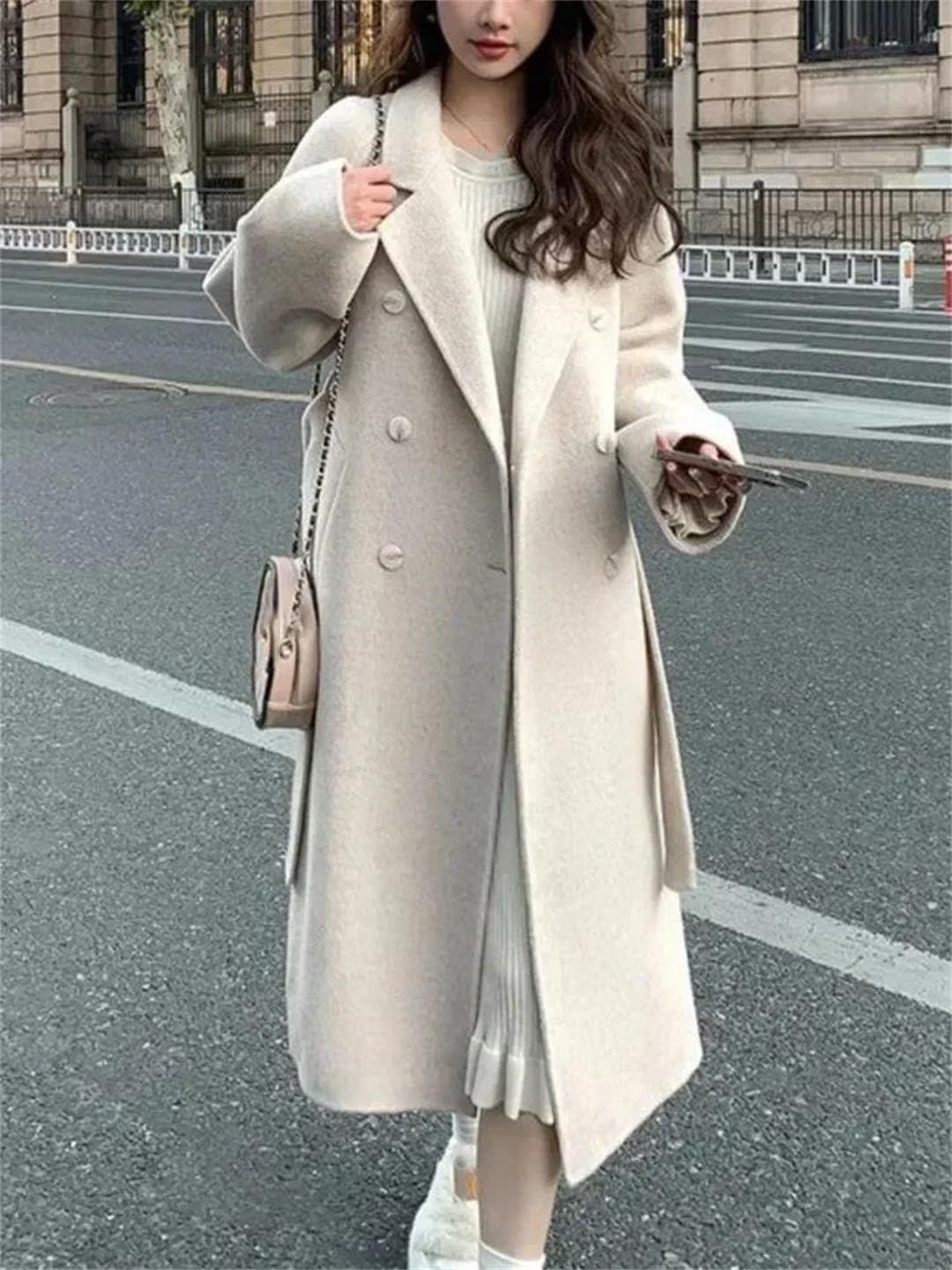 Abrigo de lana coreano suelto para mujer, elegante, liso, abrigo largo con cinturón, abrigo largo delgado y cálido
